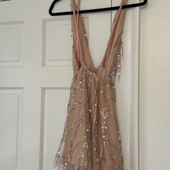 Mini party dress, beige/pink with coloful with sequin - Picture 2 of 6